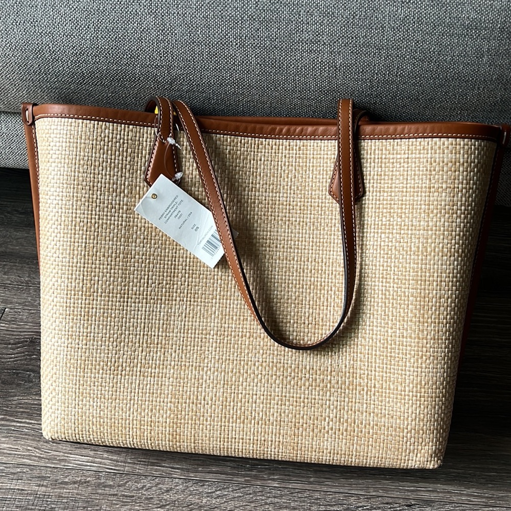 Tory Burch Perry Floral Embroidered Straw Tote Bag - Picture 5 of 11